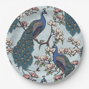 Assiettes En Carton Elégant Peacocks & Magnolia Fleurs Bleu