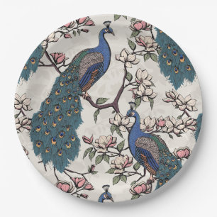 Assiettes En Carton Elégant Peacocks & Magnolia Fleurs ivoire