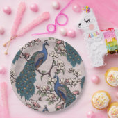 Assiettes En Carton Elégant Peacocks & Magnolia Fleurs Roses Bleues (Fête)