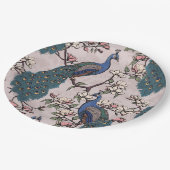 Assiettes En Carton Elégant Peacocks & Magnolia Fleurs Roses Bleues (Angle)