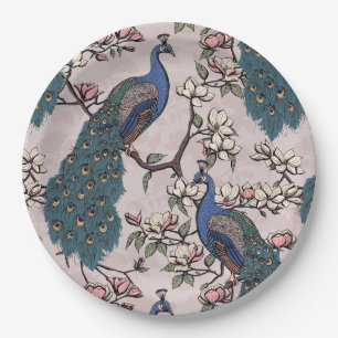 Assiettes En Carton Elégant Peacocks & Magnolia Fleurs Roses Bleues