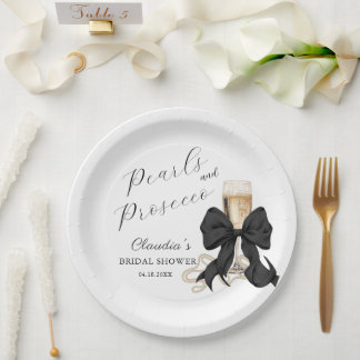 Assiettes En Carton Elegant Pearls & Prosecco Black Bow Bridal Shower 
