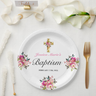 Assiettes En Carton Élégant PInk Floral Gold Cross Baptism
