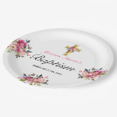 Assiettes En Carton Élégant PInk Floral Gold Cross Baptism (Angle)
