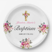 Assiettes En Carton Élégant PInk Floral Gold Cross Baptism (Devant)