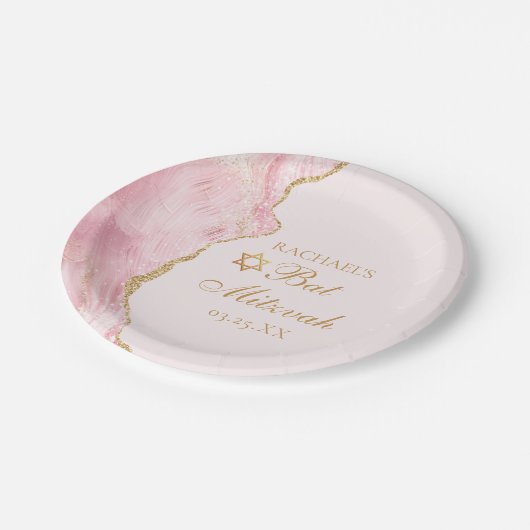Assiettes En Carton Élégant Pink Gold Agate Bat mitzvah Party (Angle)