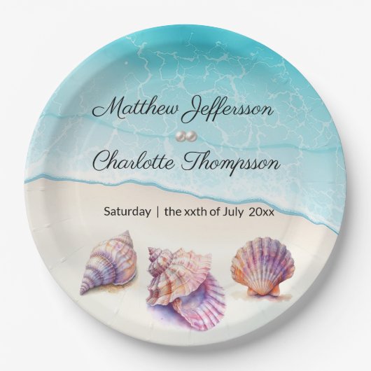 Assiettes En Carton Elégant Plage Mariage Coquillages Perles Nautiques (Devant)