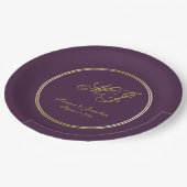 Assiettes En Carton Élégant Plum violet or Monogramme Mariage de scrip (Angle)