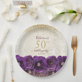 Assiettes En Carton Elegant Purple Floral Gold 50th Birthday Party