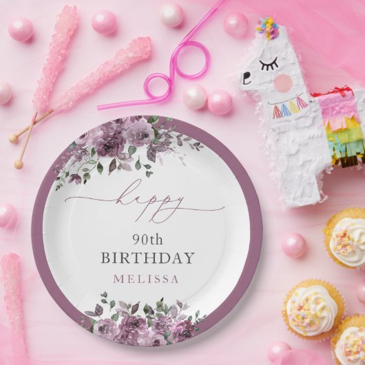 Assiettes En Carton Élégant Purple Floral Tout Âge Anniversaire (Fête)