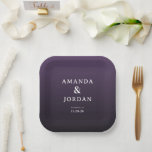Assiettes En Carton Elegant Purple Minimalist Wedding Invitation<br><div class="desc">These elegant wedding plates feature a sophisticated design with a gradient purple background that transitions from deep to light shades, creating a subtle depth. The layout is minimalistic and centered, showcasing clean, modern typography in a serif font that adds formality and charm. Perfect for formal occasions, the plates convey an...</div>
