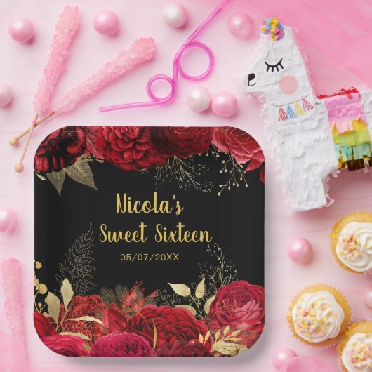 Assiettes En Carton Elegant Red and Gold Flowers Sweet Sixteen (Fête)