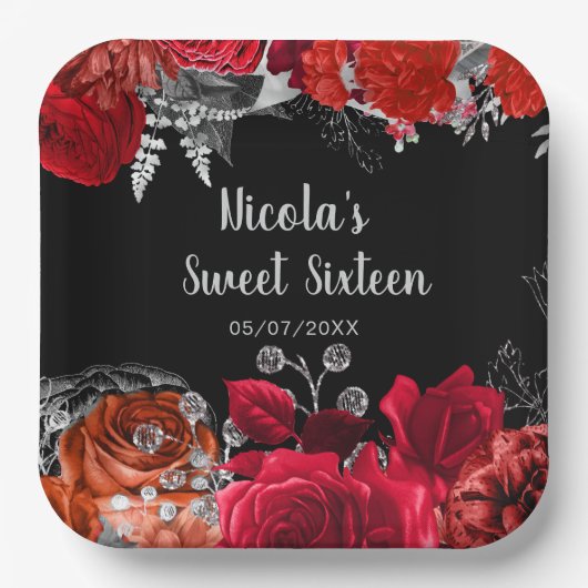 Assiettes En Carton Elegant Red and Silver Flowers Sweet Sixteen (Recto)