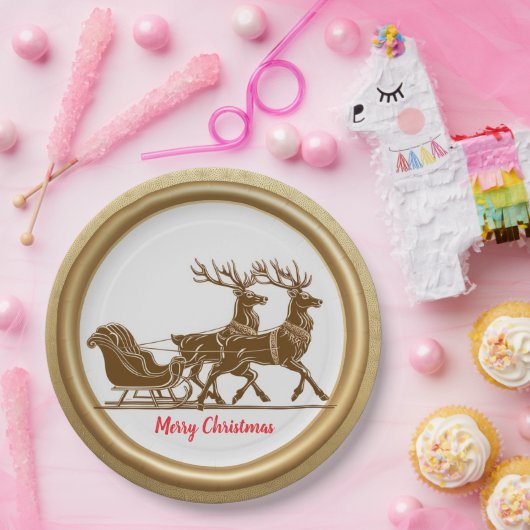 Assiettes En Carton Élégant Red Reindeer Sled Gold Snow Joyeux Noël (Fête)