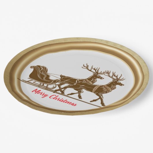 Assiettes En Carton Élégant Red Reindeer Sled Gold Snow Joyeux Noël (Angle)