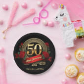 Assiettes En Carton Elégant Red Roses & Gold 50e anniversaire Mariage (Fête)