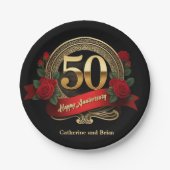 Assiettes En Carton Elégant Red Roses & Gold 50e anniversaire Mariage (Devant)