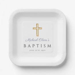 Assiettes En Carton Élégant Religieux Dusty Bleu Script Garçon Baptême