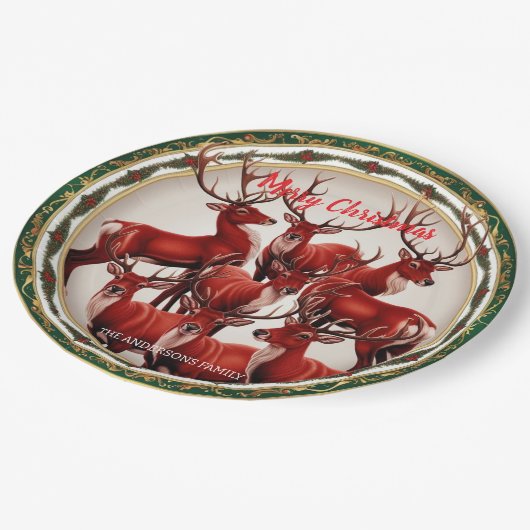 Assiettes En Carton Élégant renne rouge Moose Gold Joyeux Noël (Angle)