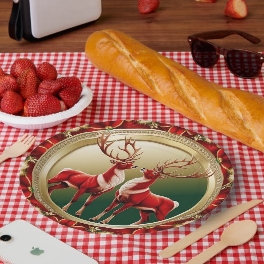 Assiettes En Carton Élégant renne rouge Moose Gold Joyeux Noël (Pique-nique)