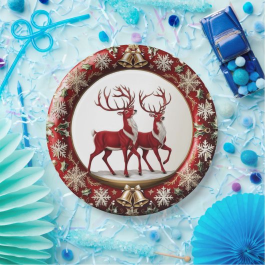 Assiettes En Carton Élégant renne rouge Moose Gold Joyeux Noël (Fête)