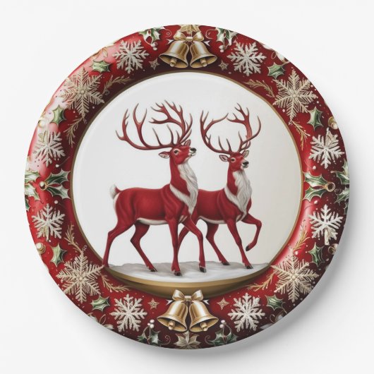 Assiettes En Carton Élégant renne rouge Moose Gold Joyeux Noël (Devant)