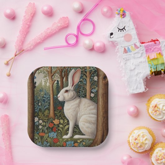 Assiettes En Carton Elégant retro boho blanc lapin boisé fleurs (Fête)