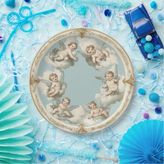 Assiettes En Carton Elégant Rococo Cherub Cloud Papier bleu Plaque (Fête)