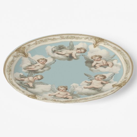 Assiettes En Carton Elégant Rococo Cherub Cloud Papier bleu Plaque (Angle)
