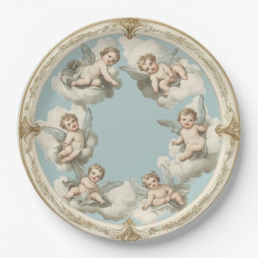 Assiettes En Carton Elégant Rococo Cherub Cloud Papier bleu Plaque (Devant)