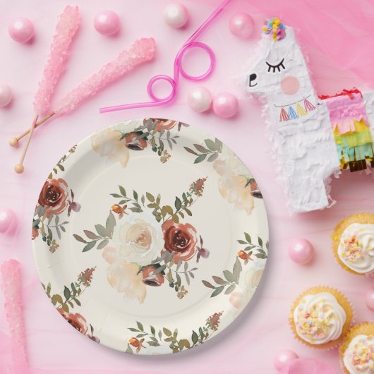 Assiettes En Carton Élégant Romantique automne Floral Mariage rouge (Fête)