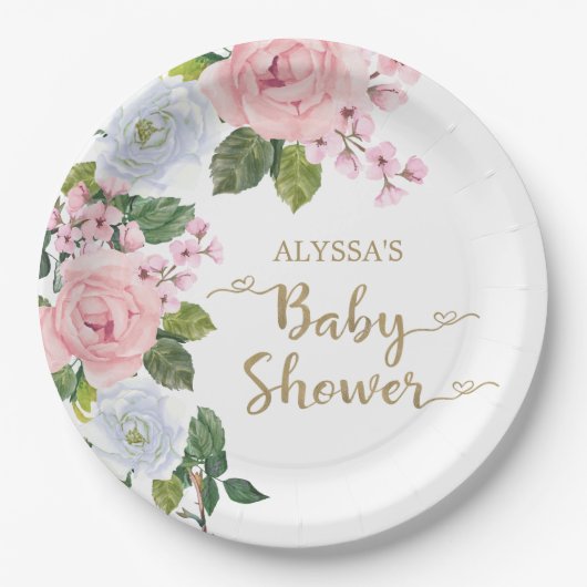 Assiettes En Carton Élégant rose blanc Rose  Script Baby shower (Devant)