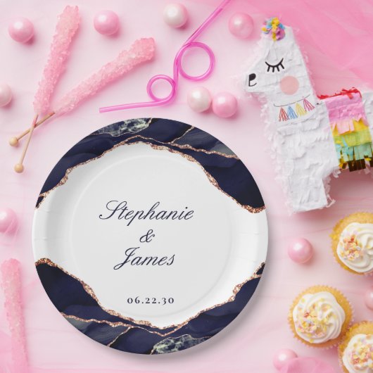 Assiettes En Carton Élégant Rose de la marine Gold Foil Mariage d'agat (Fête)