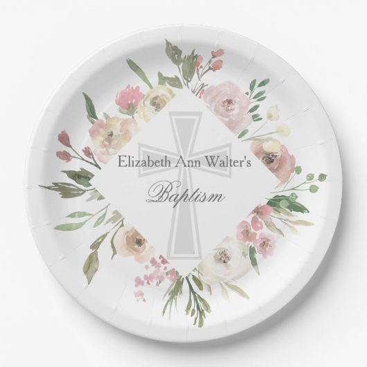 Assiettes En Carton Élégant rose floral Baptême Parti Religieux Person (Devant)