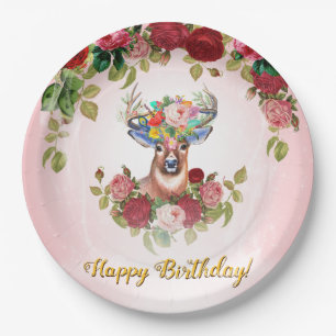 Assiettes En Carton Élégant Rose floral doux et rose Cher anniversaire