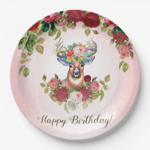 Assiettes En Carton Élégant Rose floral doux et rose Cher anniversaire