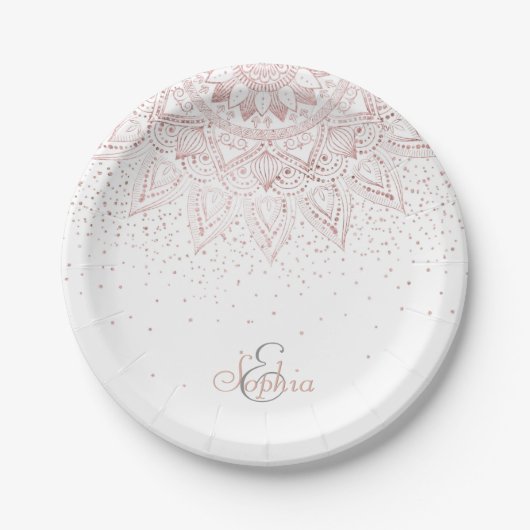 Assiettes En Carton Elégant Rose Gold Dots Mandala (Devant)