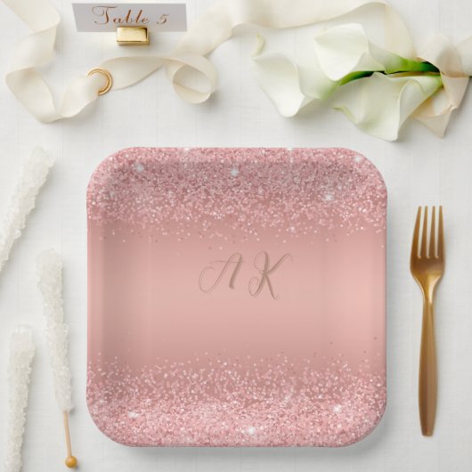 Assiettes En Carton Elegant Rose Gold Luxe Shimmer Monogram (Mariage)