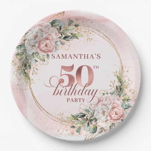 Assiettes En Carton Elegant Rose Gold Peonies 50th Birthday Party Plat (Devant)