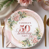 Assiettes En Carton Elegant Rose Gold Peonies 50th Birthday Party Plat