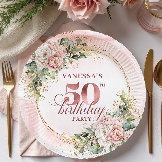 Assiettes En Carton Elegant Rose Gold Peonies 50th Birthday Party Plat