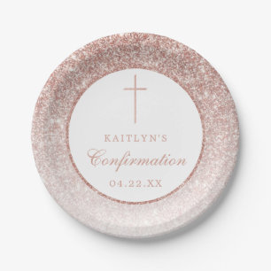 Assiettes En Carton Élégant Rose Parties scintillant Or Confirmation O