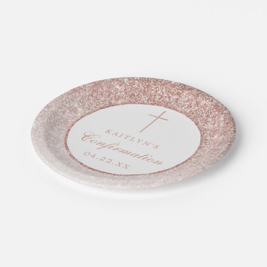 Assiettes En Carton Élégant Rose Parties scintillant Or Confirmation O (Angle)