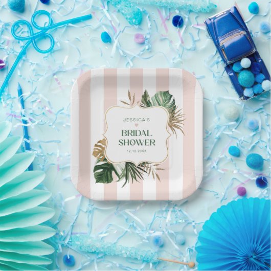 Assiettes En Carton Elégant rose rayures tropicale girly nuptiale douc (Fête)