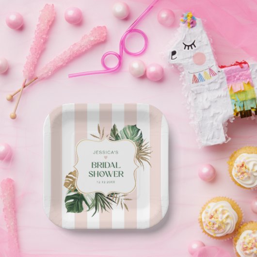 Assiettes En Carton Elégant rose rayures tropicale girly nuptiale douc (Fête)