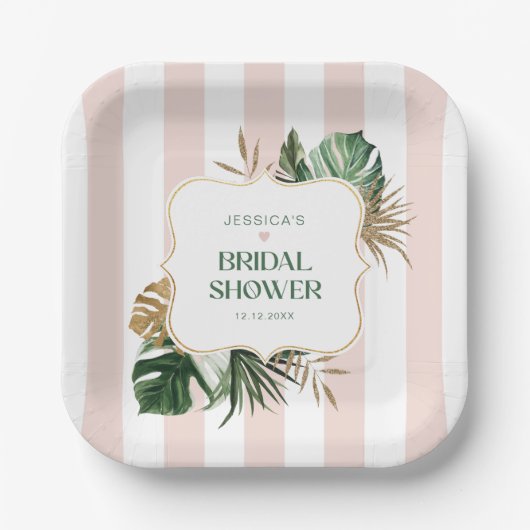 Assiettes En Carton Elégant rose rayures tropicale girly nuptiale douc (Recto)