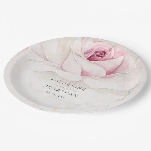 Assiettes En Carton Elégant rose rose Aquarelle Floral Script Mariage (Angle)