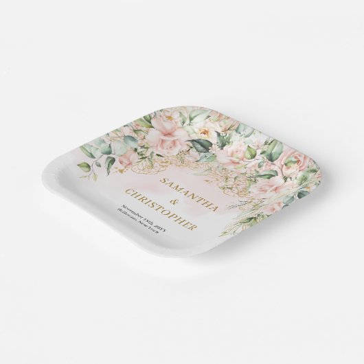 Assiettes En Carton Élégant rose rose clair vert et mariage or (Angulaire)
