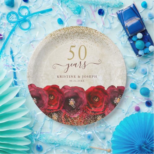 Assiettes En Carton Élégant Rose rouge Floral Or 50e Anniversaire (Fête)