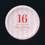 Assiettes En Carton Élégant rose rouge moderne 16e anniversaire<br><div class="desc">Créez vos propres plaques personnalisées de fête du 16e anniversaire avec typographie moderne et arrière - plan motif rose rayé</div>